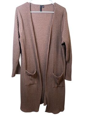 Obsession Tan Ribbed Open Front Cardigan in Heathered Brown Plus Size 3XL Casual